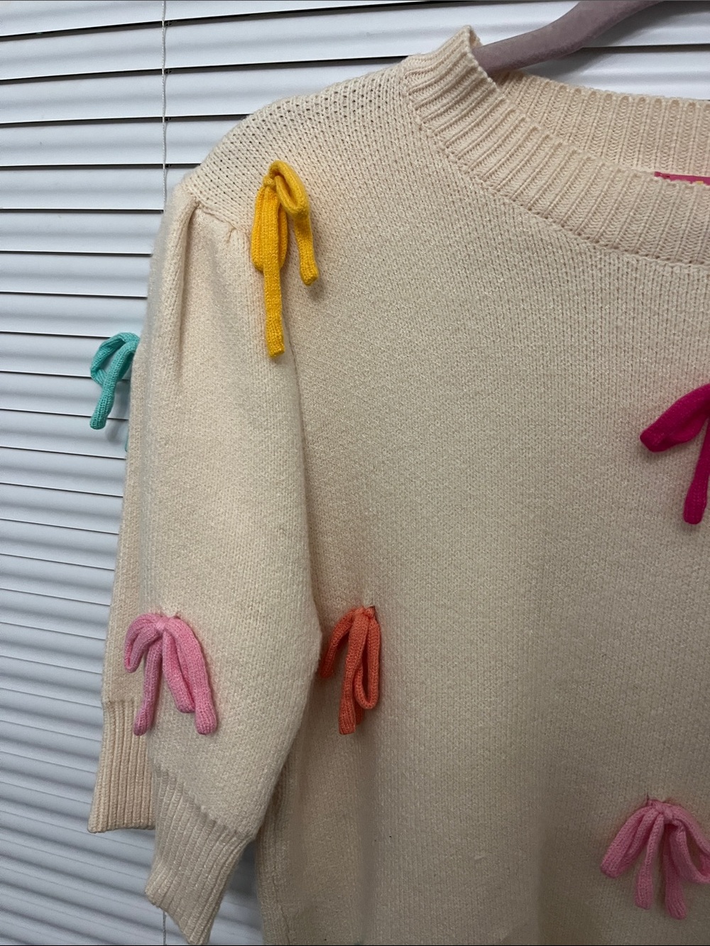 THML Cream Knit Crewneck Sweater with Colorful Bow Accents - Picture 3 of 4
